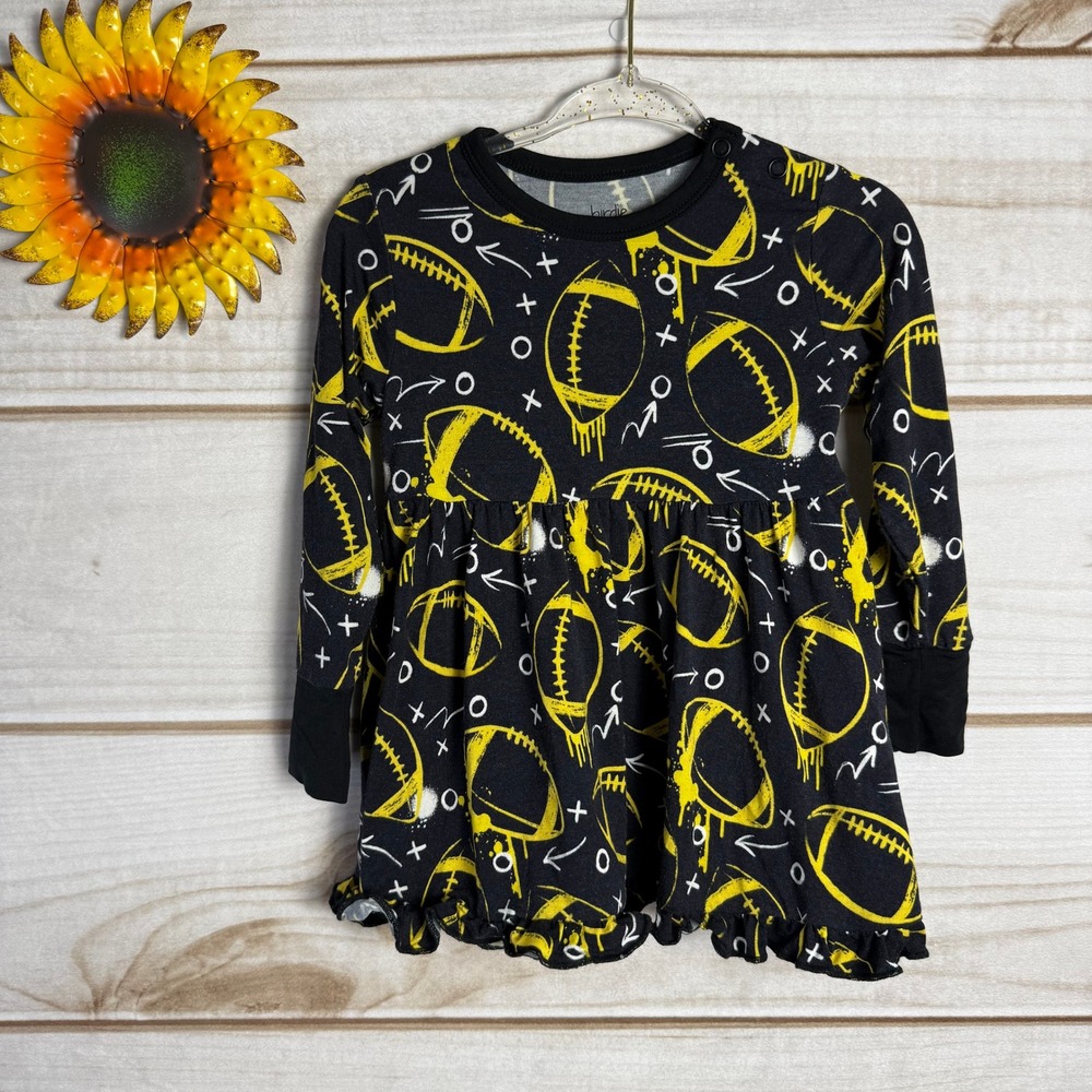 Birdie‎ Bean Girls Football Print Peplum Top Size 18 24 Months Black Yellow